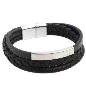 Herren Armband in schwarz aus Leder und Edelstahl 3 Straenge und Magnetverschluss