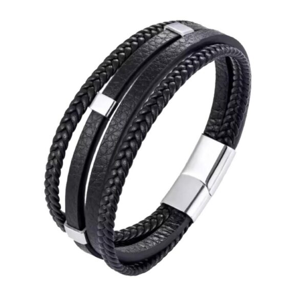 Männer Armband in schwarz aus Leder und Edelstahl 4 Straenge und Magnetverschluss