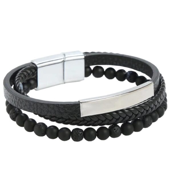 Armband für Mann in schwarz mit Magnetverschluss 3 Straenge mit Leder Lava und Edelstahl