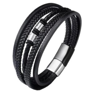 Herren Armband in schwarz mit Leder und Edelstahl 5 Straenge und Magnetverschluss