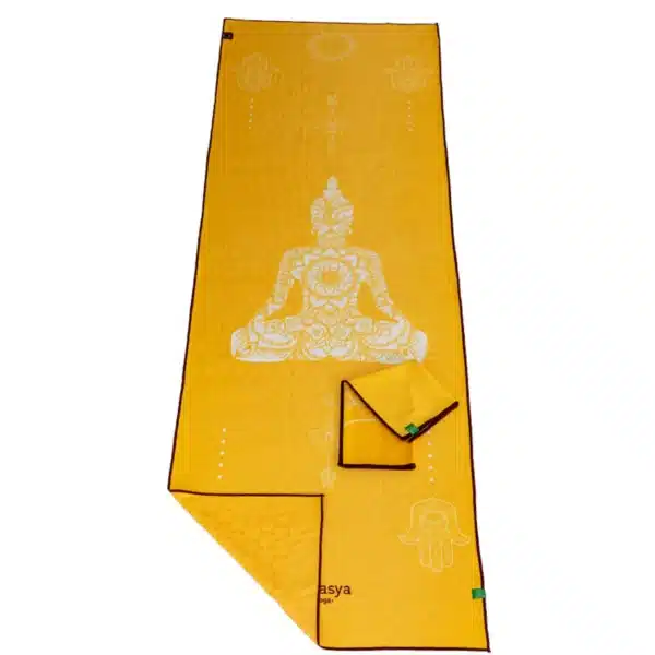 Yogamatten Handtuch Buddha gelb rutschfest mit Gesichtshandtuch