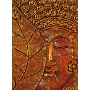 Buddha mit Bodhi Blatt Relief aus Holz mit Gold