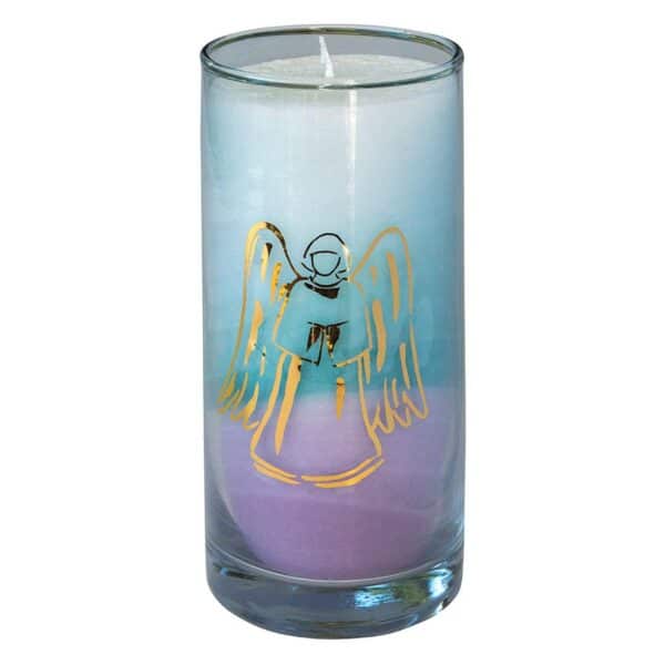 Kerze im Glas mit goldenem Engel in den Farben weiss, türkis, violet