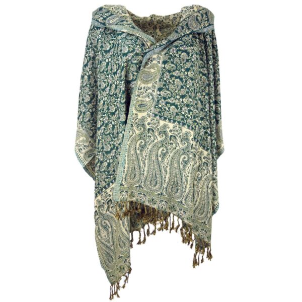 Indischer Pashmina Schal mit Paisley Muster in tannengrün und beige und Fransen beidseitig tragbar