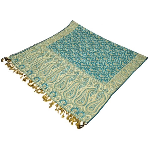 Indischer Pashmina Schal mit Paisley Muster in petrol und beige und Fransen beidseitig tragbar