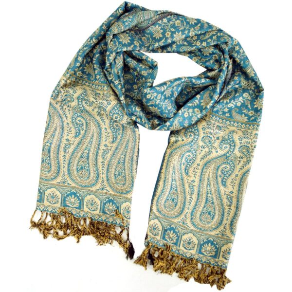 Pashmina Schal aus Indien mit Paisley Muster in petrol und beige