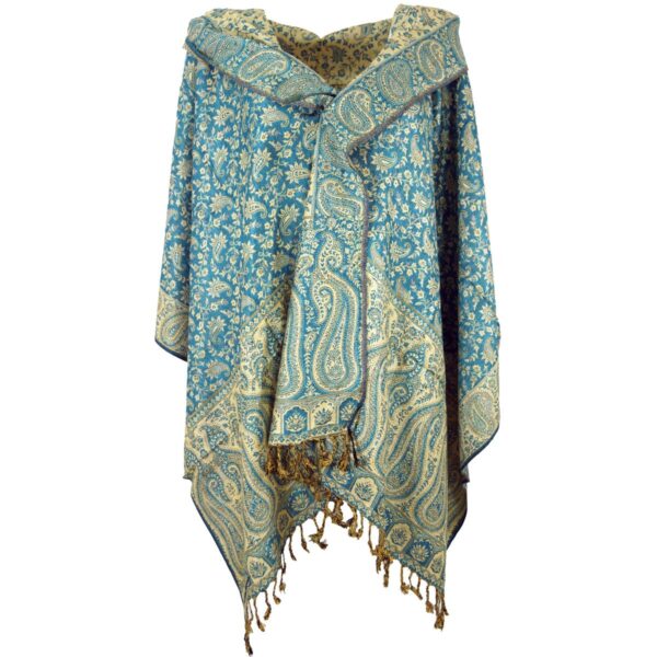 Pashmina Schal aus Indien mit Paisley Muster in petrol und beige und Fransen beidseitig