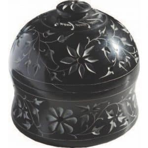Räucherstövchen mit Sieb aus schwarzem Speckstein mit Blumenmuster eingraviert