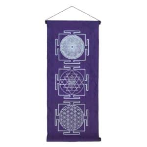 Spirituelle Symbole auf dem Wandbehang Heilige Geometrie in lila, Blume des Lebens, Sri Yantra, Sahasrara