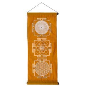 Wandbehang Heilige Geometrie in orange mit den Symbolen Blume des Lebens, Sri Yantra, Sahasrara