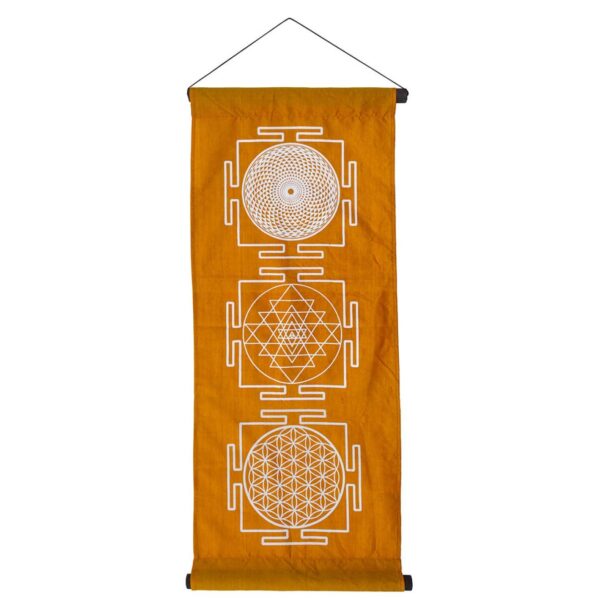 Wandbehang Heilige Geometrie in orange mit den Symbolen Blume des Lebens, Sri Yantra, Sahasrara